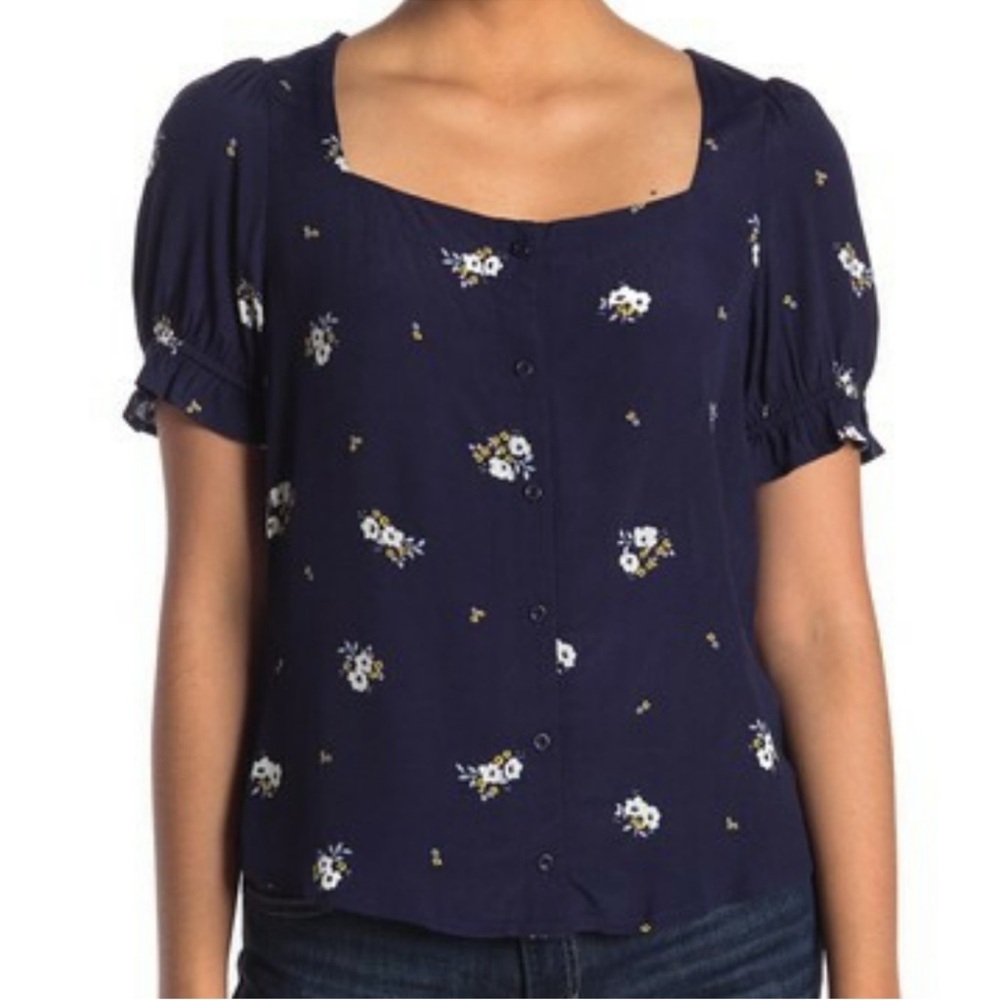 NWT Elodie Navy Blue Floral Puff Sleeve Button Front Blouse Anthropologie XS